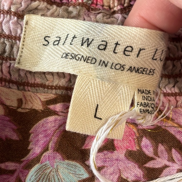 NWT Saltwater LUXE Floral Boho Mini Dress Size L Smocked Back Pockets Lined - Picture 5 of 15